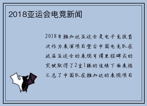 2018亚运会电竞新闻