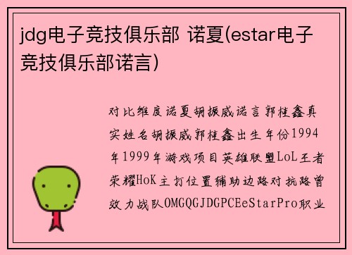 jdg电子竞技俱乐部 诺夏(estar电子竞技俱乐部诺言)
